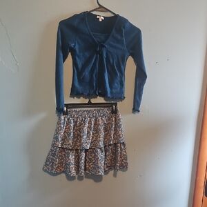 Tahari ASL Blue Long Sleeve Top with Floral Skirt